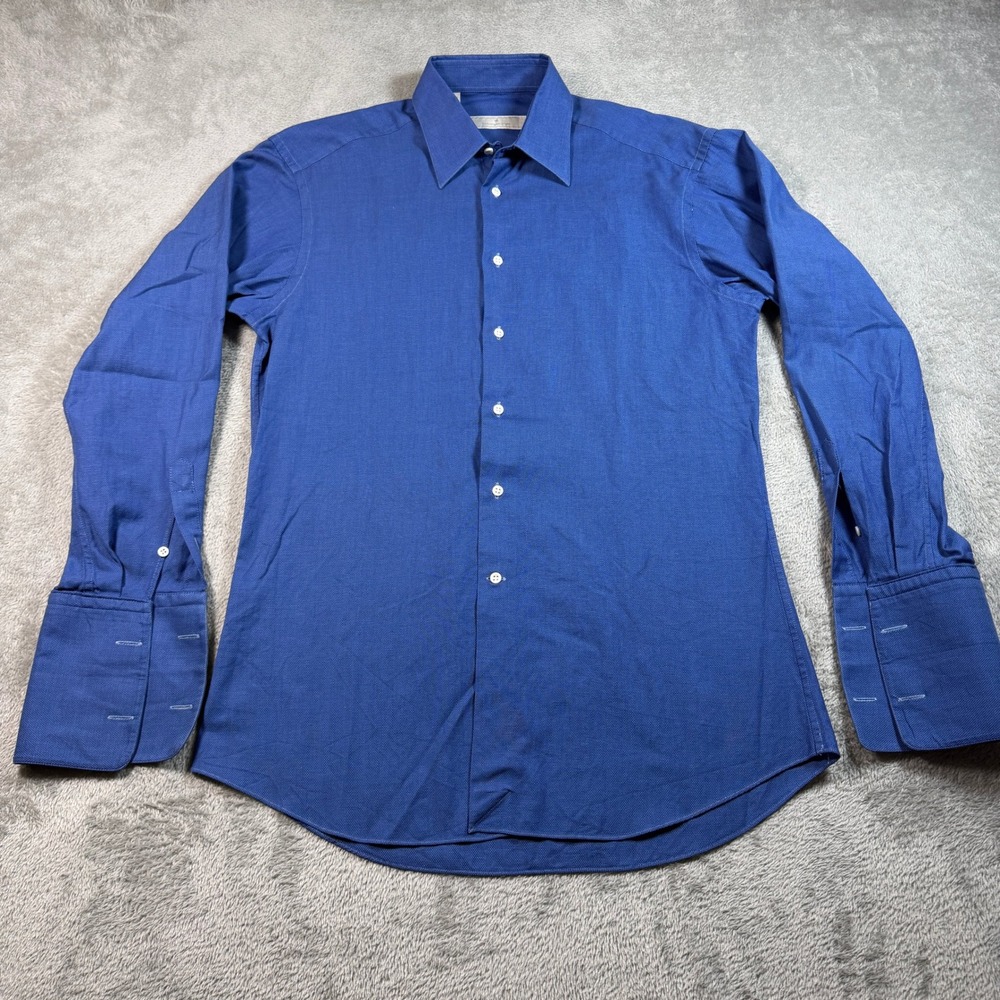 Ermenegildo Zegna Button Up Shirt Mens Large Blue LS Cotton French Cuff Spain